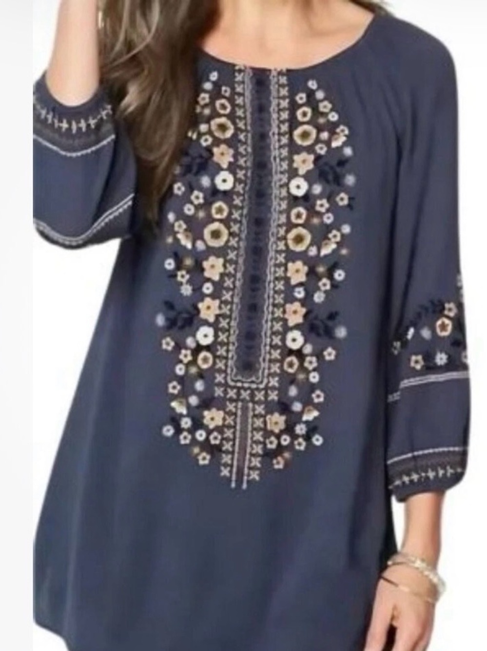 J. Jill Tunic Top Wildflower Embroidered Floral Cotton Blend Peasant Size Small